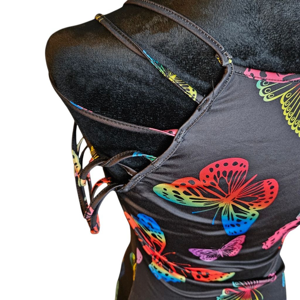 SHEIN Medium Rainbow Butterfly Print Strappy Sleeve Bodycon Mini Dress - Picture 5 of 11